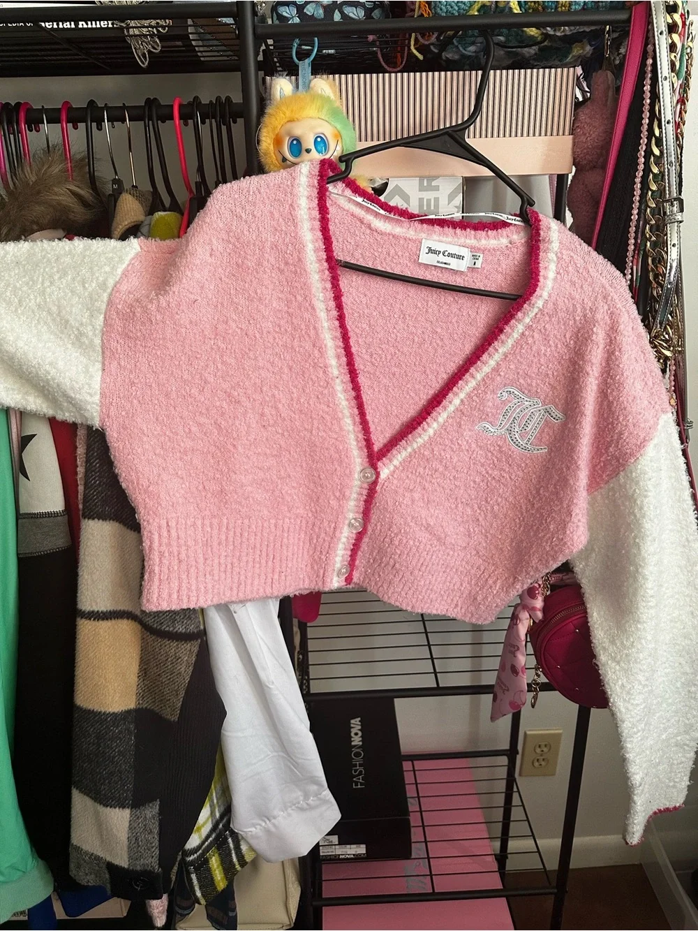 Juicy Couture Pink Cropped V-Neck Cardigan with White Sleeves